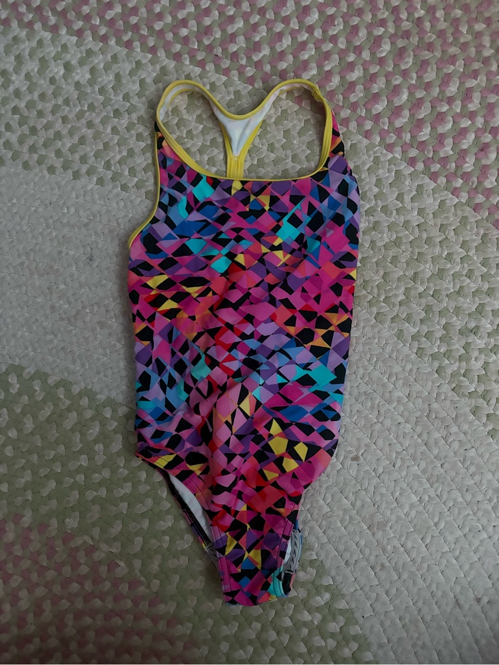 Speedo Girls Multicolor Geometric One-Piece with Yellow Trim